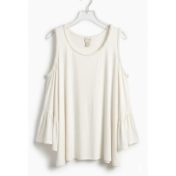 Chico's Tops - UGC Chico's White Cold Shoulder Bell Sleeve Blouse Braided Trim Boho Flowy Top L